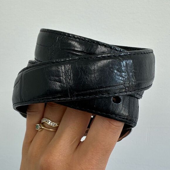 Vintage Black Leather Croc Embossed Western Belt Ornate Silver Buckle Size M - Picture 4 of 8